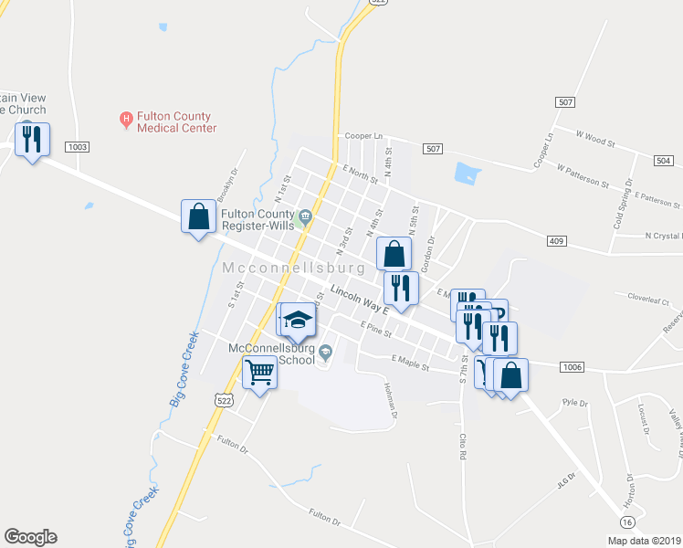 map of restaurants, bars, coffee shops, grocery stores, and more near 211 East Market Street in McConnellsburg