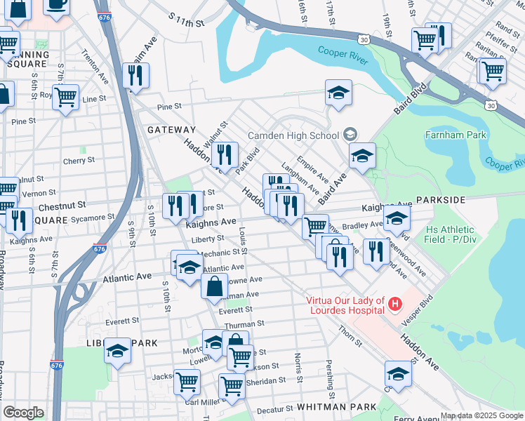 map of restaurants, bars, coffee shops, grocery stores, and more near 1189 Haddon Avenue in Camden