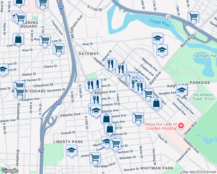 map of restaurants, bars, coffee shops, grocery stores, and more near 1158 Sycamore Street in Camden