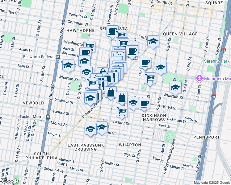 map of restaurants, bars, coffee shops, grocery stores, and more near 1323 South 9th Street in Philadelphia