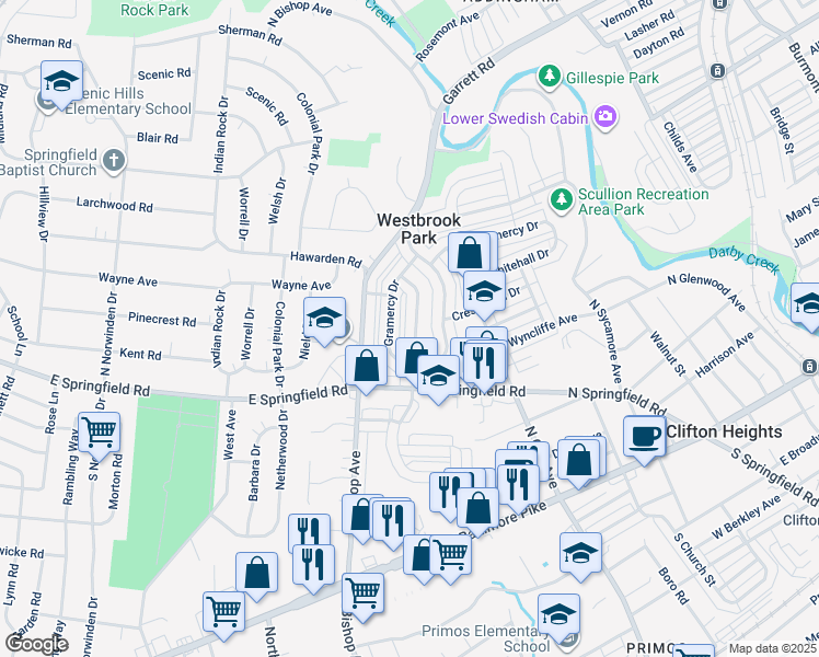 map of restaurants, bars, coffee shops, grocery stores, and more near 250 Westbrook Drive in Clifton Heights