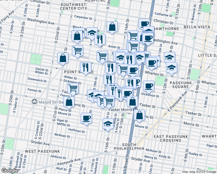 map of restaurants, bars, coffee shops, grocery stores, and more near 1454 South Chadwick Street in Philadelphia