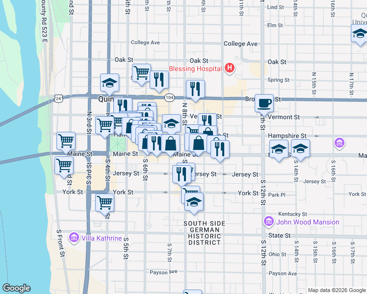 map of restaurants, bars, coffee shops, grocery stores, and more near 732 Hampshire Street in Quincy