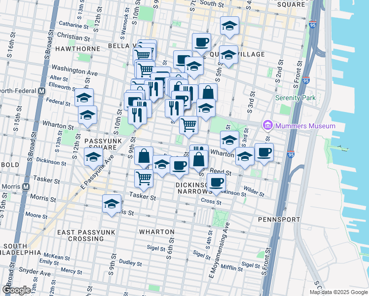 map of restaurants, bars, coffee shops, grocery stores, and more near 1300 South 6th Street in Philadelphia