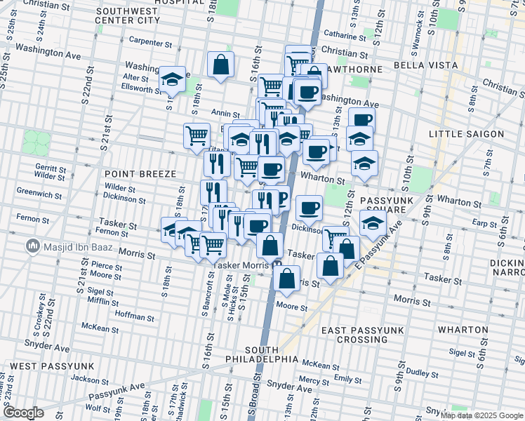 map of restaurants, bars, coffee shops, grocery stores, and more near 1431 South 15th Street in Philadelphia