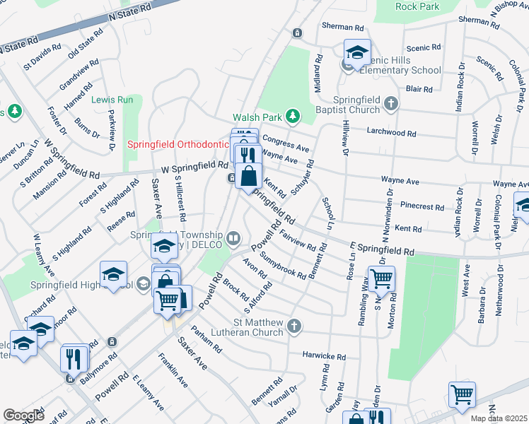 map of restaurants, bars, coffee shops, grocery stores, and more near 117 Fairview Road in Springfield