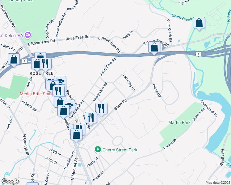 map of restaurants, bars, coffee shops, grocery stores, and more near 838 Valley View Road in Media