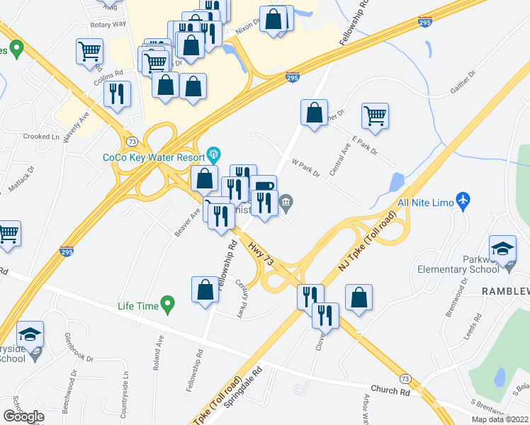 map of restaurants, bars, coffee shops, grocery stores, and more near 550 Fellowship Road in Mount Laurel