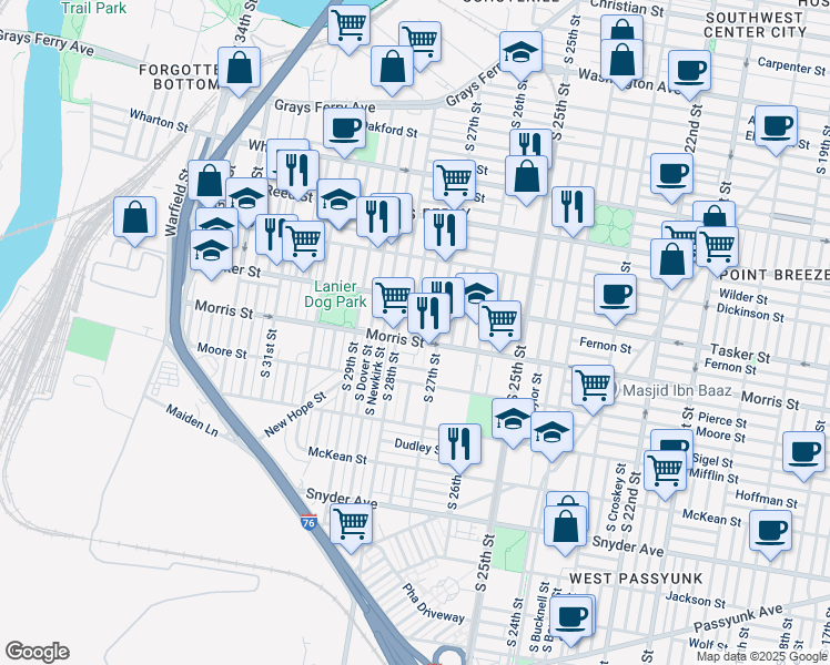 map of restaurants, bars, coffee shops, grocery stores, and more near 1645 South Marston Street in Philadelphia