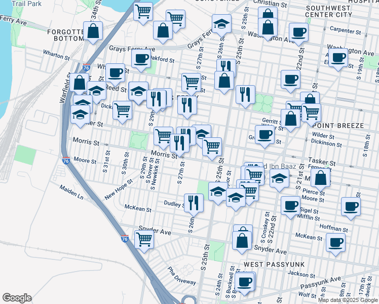 map of restaurants, bars, coffee shops, grocery stores, and more near 1638 South Taney Street in Philadelphia
