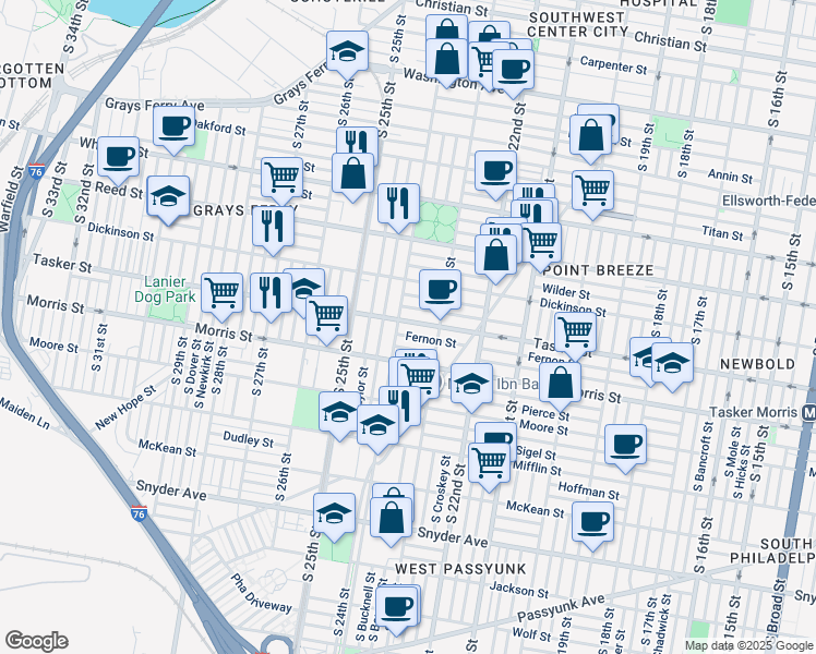 map of restaurants, bars, coffee shops, grocery stores, and more near 2342 Tasker Street in Philadelphia