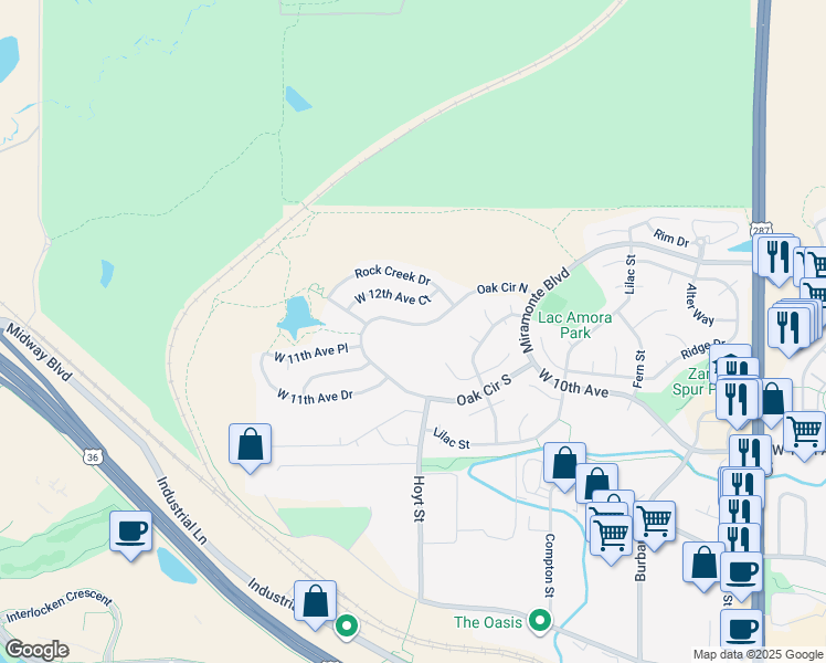 map of restaurants, bars, coffee shops, grocery stores, and more near 3120 Oak Circle North in Broomfield