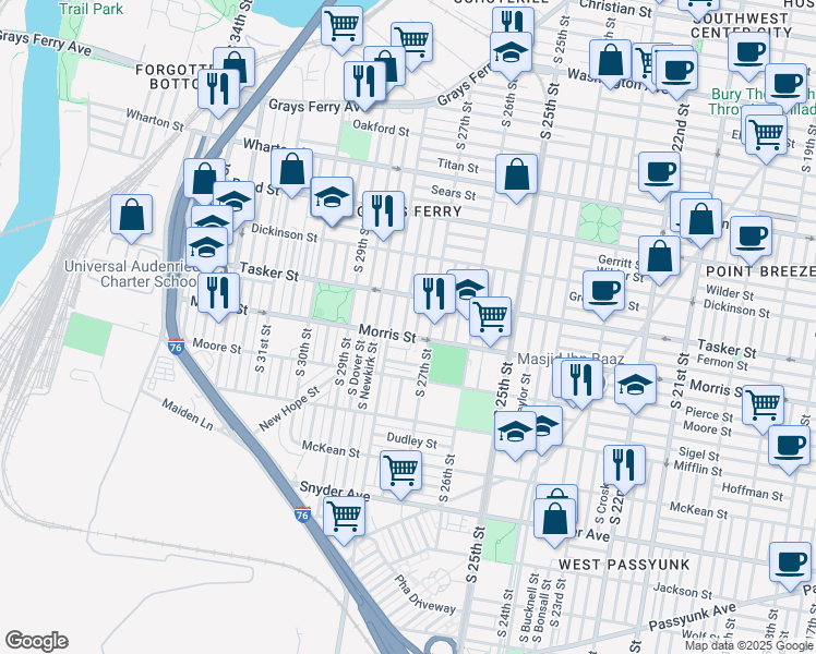 map of restaurants, bars, coffee shops, grocery stores, and more near 1645 South Marston Street in Philadelphia