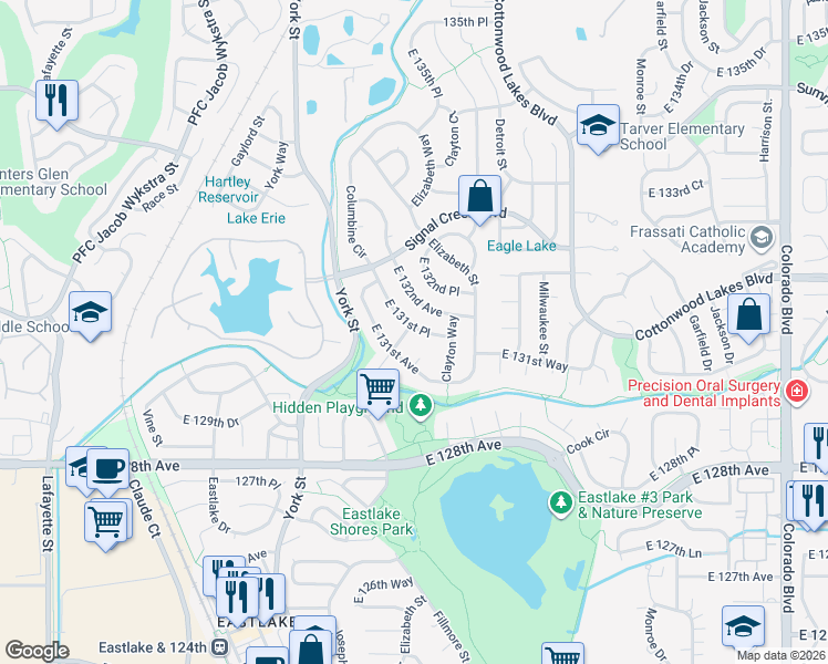 map of restaurants, bars, coffee shops, grocery stores, and more near 2589 East 131st Place in Thornton