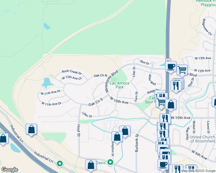 map of restaurants, bars, coffee shops, grocery stores, and more near 2892 Ridge Drive in Broomfield
