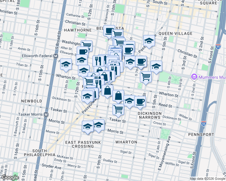 map of restaurants, bars, coffee shops, grocery stores, and more near 846 Wharton Street in Philadelphia