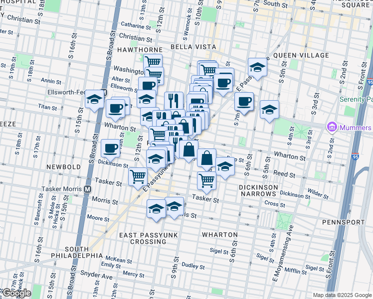 map of restaurants, bars, coffee shops, grocery stores, and more near 1309 South 10th Street in Philadelphia