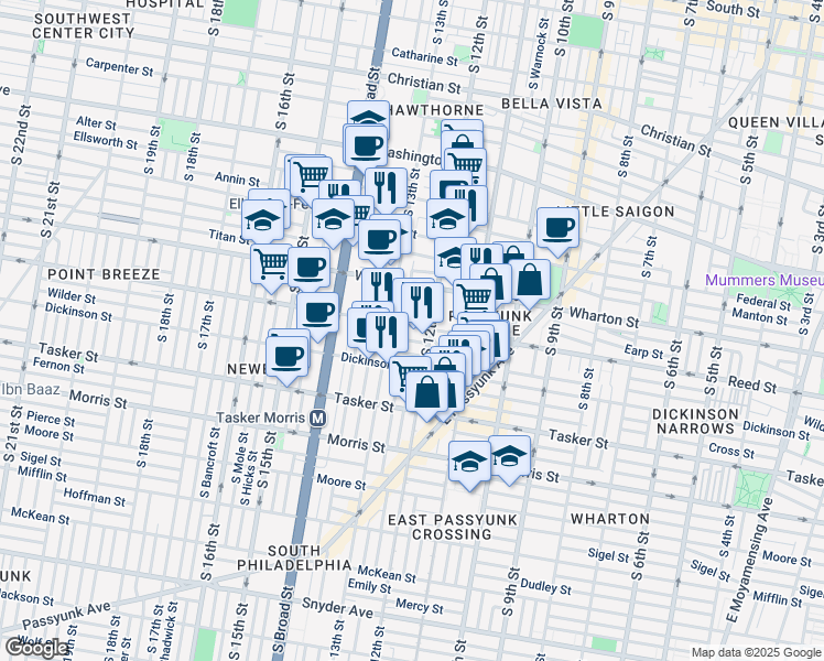map of restaurants, bars, coffee shops, grocery stores, and more near 1218 Reed Street in Philadelphia