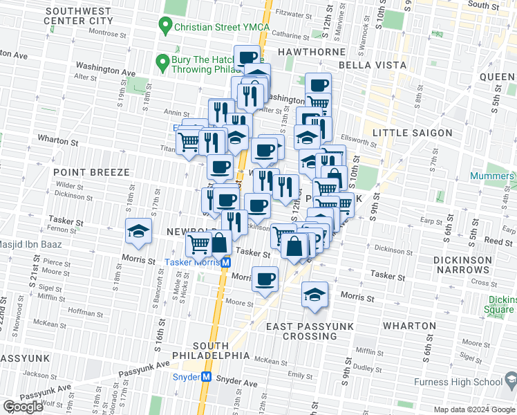 map of restaurants, bars, coffee shops, grocery stores, and more near 1323 Reed Street in Philadelphia