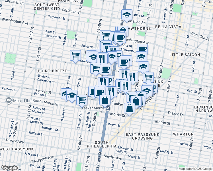 map of restaurants, bars, coffee shops, grocery stores, and more near 1336 South Broad Street in Philadelphia
