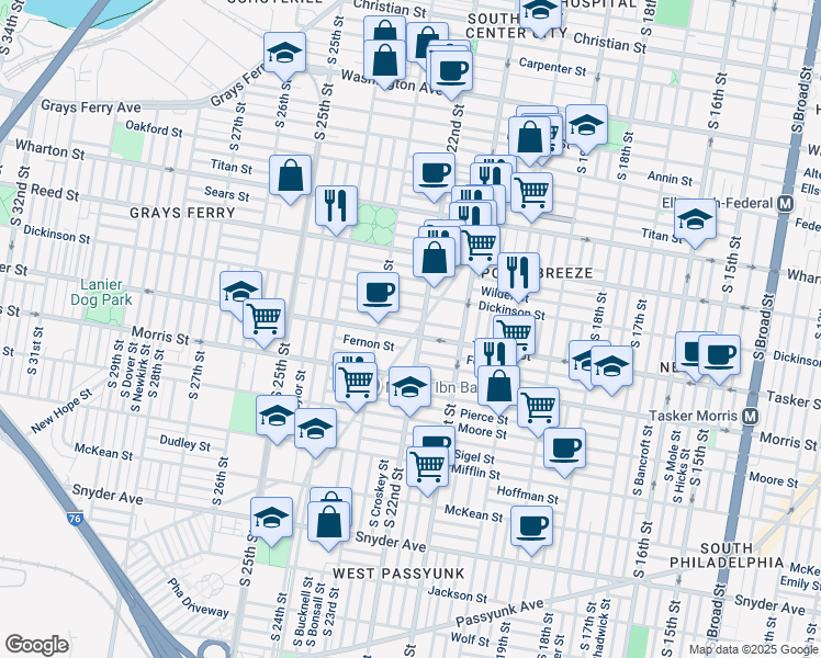 map of restaurants, bars, coffee shops, grocery stores, and more near 1536 Point Breeze Avenue in Philadelphia