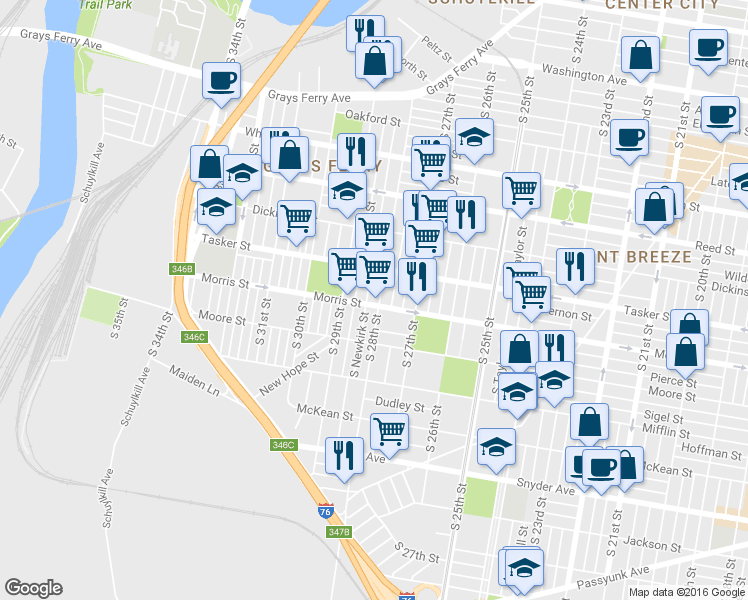 map of restaurants, bars, coffee shops, grocery stores, and more near 1622 South Newkirk Street in Philadelphia
