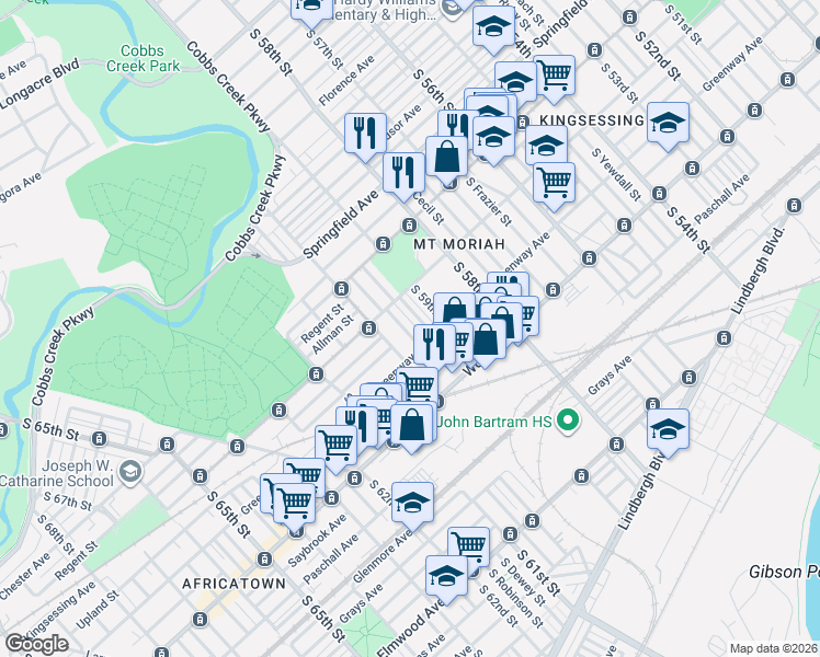 map of restaurants, bars, coffee shops, grocery stores, and more near 2032 South 59th Street in Philadelphia