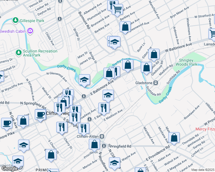 map of restaurants, bars, coffee shops, grocery stores, and more near 477 East Baltimore Avenue in Clifton Heights