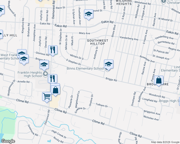 map of restaurants, bars, coffee shops, grocery stores, and more near 3243 South Stephen Drive in Columbus