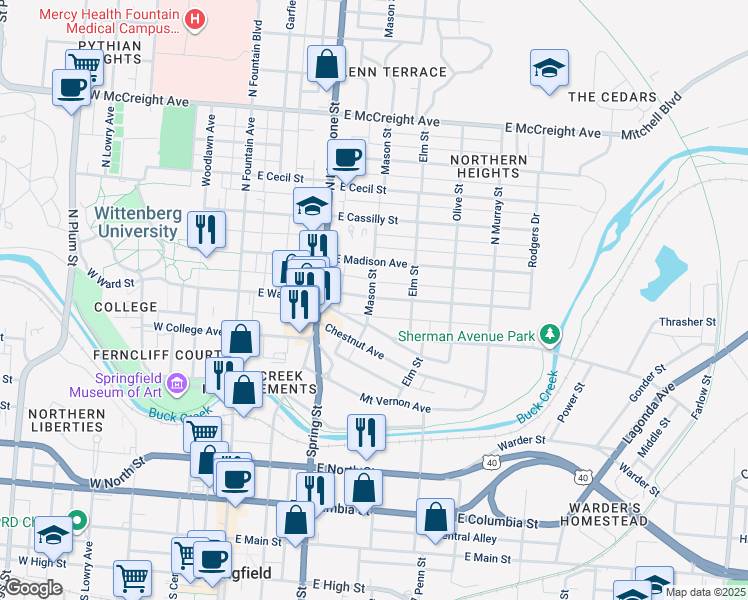 map of restaurants, bars, coffee shops, grocery stores, and more near 730 Mason Street in Springfield
