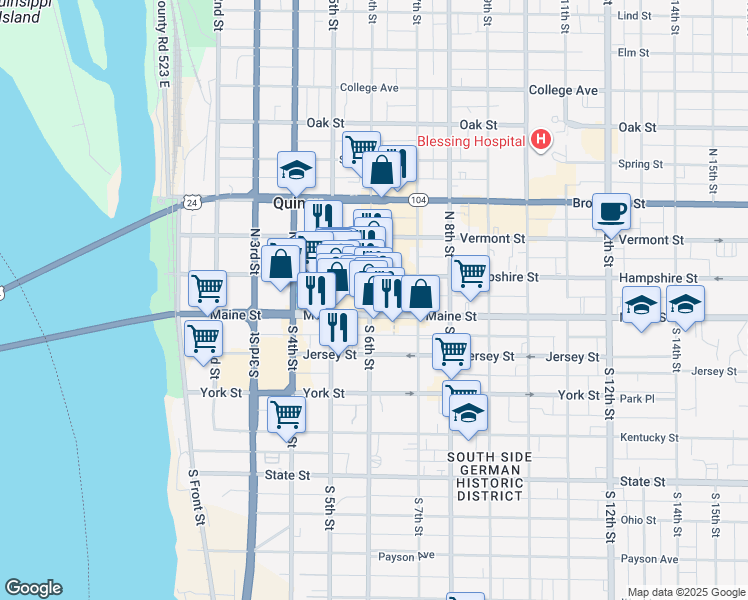 map of restaurants, bars, coffee shops, grocery stores, and more near 135 North 6th Street in Quincy