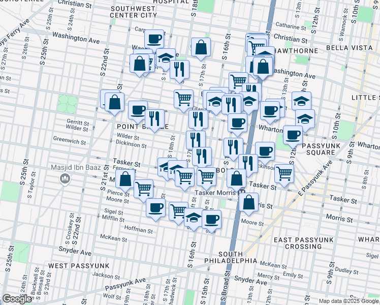 map of restaurants, bars, coffee shops, grocery stores, and more near 1447 South 17th Street in Philadelphia