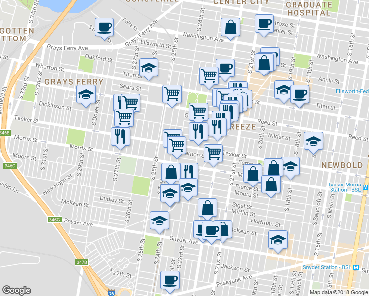 map of restaurants, bars, coffee shops, grocery stores, and more near 2342 Tasker Street in Philadelphia