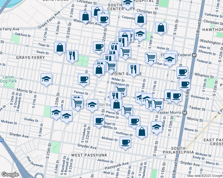 map of restaurants, bars, coffee shops, grocery stores, and more near 1533 South Lambert Street in Philadelphia