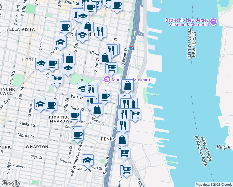 map of restaurants, bars, coffee shops, grocery stores, and more near 1100R South Christopher Columbus Boulevard in Philadelphia