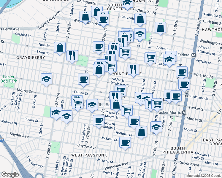 map of restaurants, bars, coffee shops, grocery stores, and more near 1533 South Lambert Street in Philadelphia
