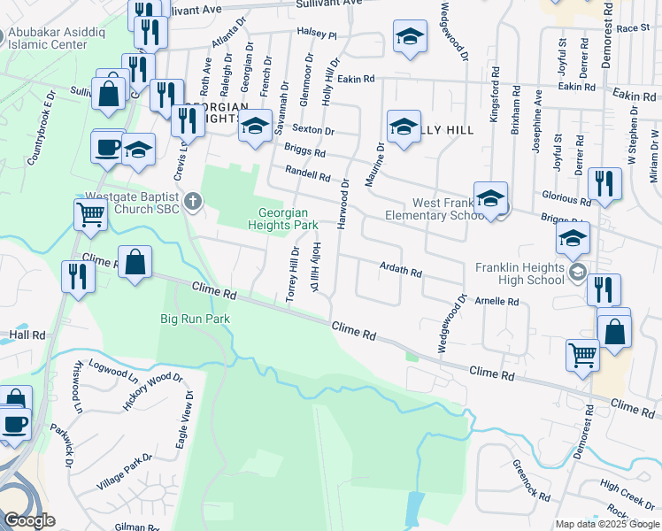 map of restaurants, bars, coffee shops, grocery stores, and more near 1033 Harwood Drive in Columbus