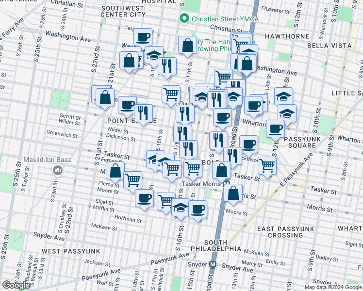 map of restaurants, bars, coffee shops, grocery stores, and more near 1452 South Chadwick Street in Philadelphia