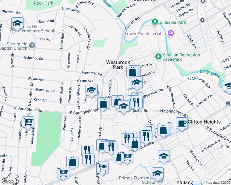 map of restaurants, bars, coffee shops, grocery stores, and more near 250 Westbrook Drive in Clifton Heights
