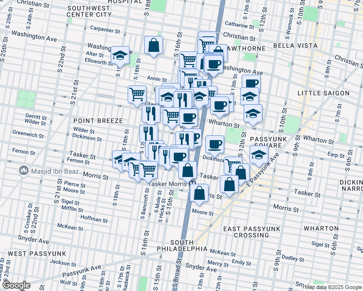 map of restaurants, bars, coffee shops, grocery stores, and more near 1431 South 15th Street in Philadelphia