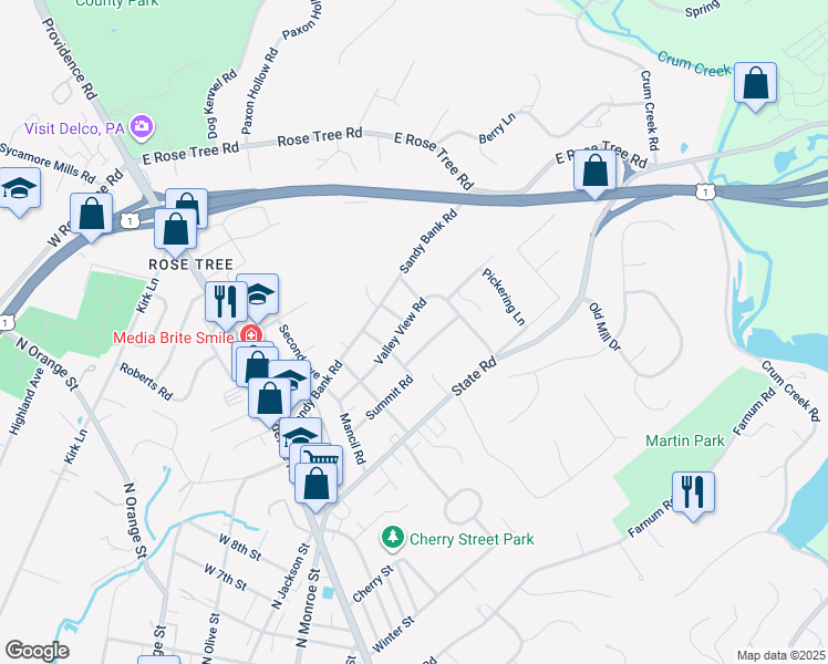 map of restaurants, bars, coffee shops, grocery stores, and more near 325 Valley View Road in Media