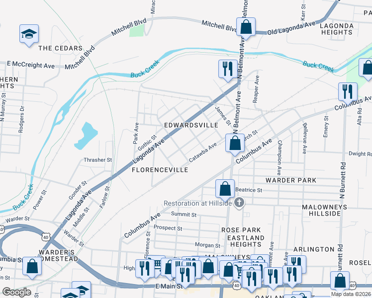 map of restaurants, bars, coffee shops, grocery stores, and more near 1676 Edwards Avenue in Springfield