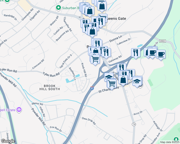 map of restaurants, bars, coffee shops, grocery stores, and more near 2405 Knob Hill Road in York