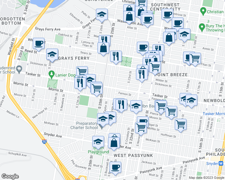 map of restaurants, bars, coffee shops, grocery stores, and more near 1607 South Ringgold Street in Philadelphia