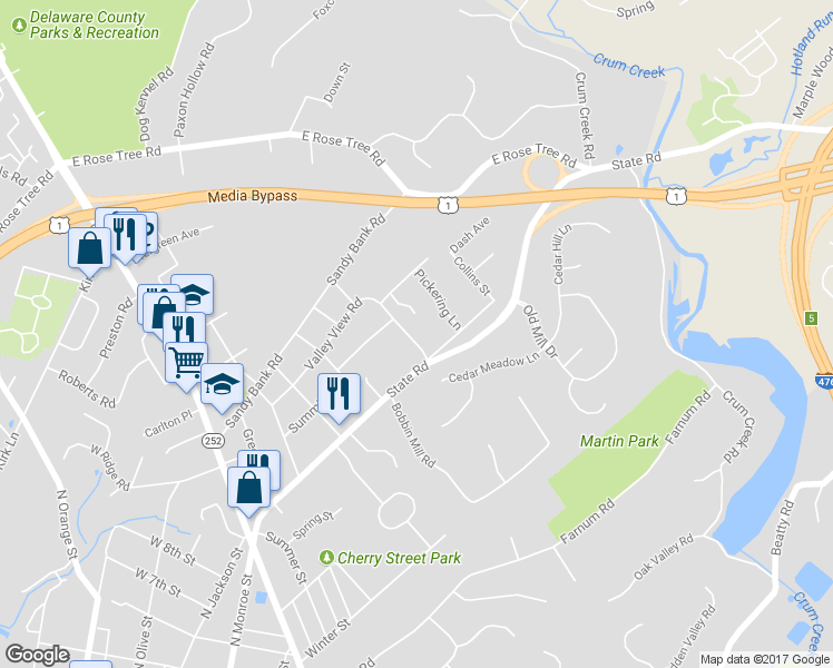 map of restaurants, bars, coffee shops, grocery stores, and more near 813 Valley View Road in Media