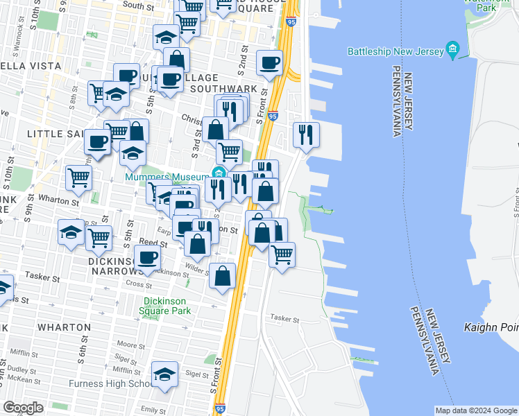 map of restaurants, bars, coffee shops, grocery stores, and more near 1100R South Christopher Columbus Boulevard in Philadelphia