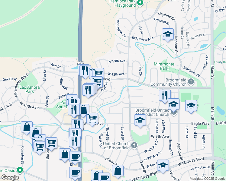 map of restaurants, bars, coffee shops, grocery stores, and more near 1186 Opal Street in Broomfield