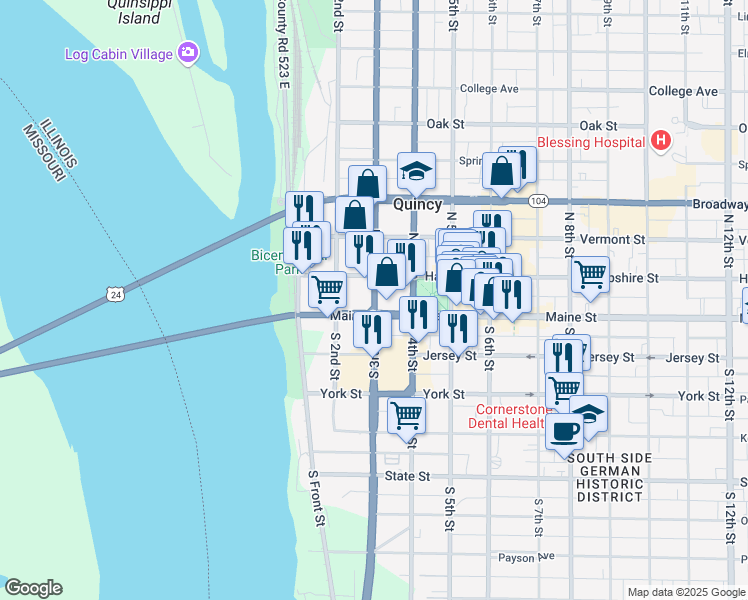 map of restaurants, bars, coffee shops, grocery stores, and more near 135 North 3rd Street in Quincy