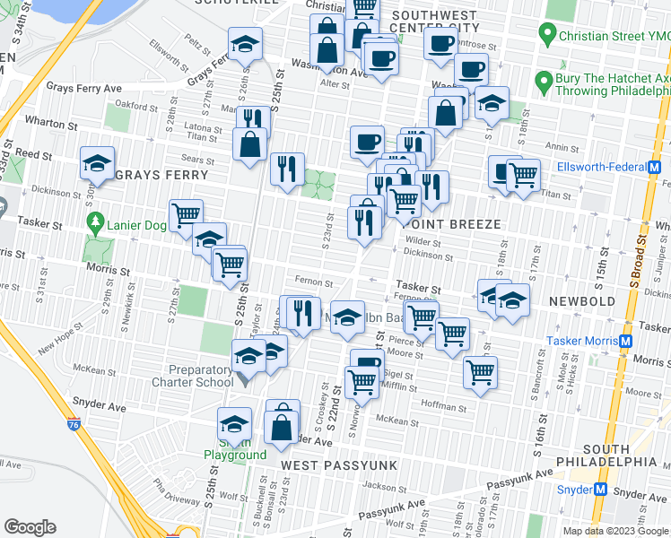 map of restaurants, bars, coffee shops, grocery stores, and more near 2225 Tasker Street in Philadelphia