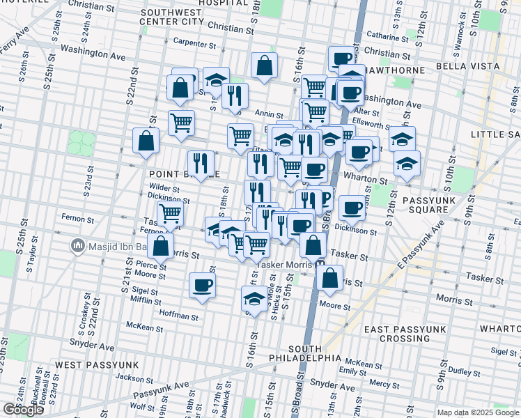 map of restaurants, bars, coffee shops, grocery stores, and more near 1441 South Chadwick Street in Philadelphia